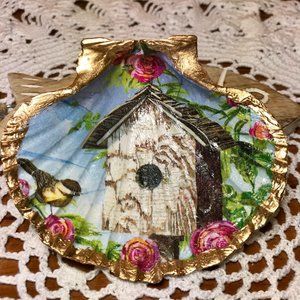 Decoupage Scallop Shell ~ Birdhouse and Bird